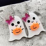 🌸 4 for $20 Halloween Ghost Earrings with Sparkling Pumpkin & Bows White Photo 0