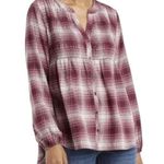 Knox Rose  Boho Burgundy Plaid Babydoll Smocked Flannel Shirt Top ~ Women's LARGE Photo 0