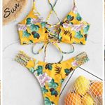 Zaful Yellow Flower Print Lace Up Braided Two Piece Bikini NWT Photo 2