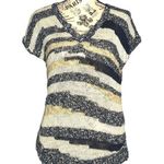 Lucky Brand SMALL Striped Loose Knit Notched V-Neck Short Sleeve Sweater Photo 0