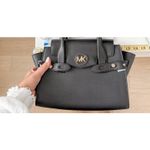 Michael Kors Satchel Black Carmen Medium Belted Flap Saffiano Leather Purse Photo 10