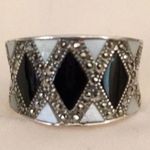 Onyx VTG Mother of Pearl Mosaic Inlay Sterling Silver Harlequin Ring Sz 9-1/4 Photo 8