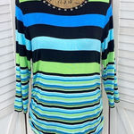 Ruby Rd. Beaded Neckline Striped Shirt Teal Lime Black Small Blue Photo 0