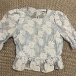 Topshop  Shirt Womens 8 Textured Baby Blue Floral Puff Sleeve Semi Sheer Blouse Photo 2