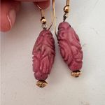 Vintage Rhodonite Pink Black Carved Pierced Drop Earrings Womens Estate Jewelry Photo 0
