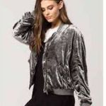 Free People Crushed Velvet Ruched Bomber Jacket Full Zip Varsity Collar Gray S Photo 3