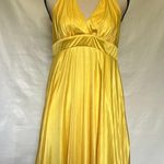 AUW Halter Dress Sz Medium Bright Yellow Shiny Pleated Babydoll Tie Retro Y2K Photo 11