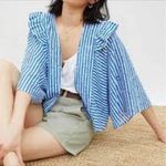 Anthropologie  3/4 Sleeve Striped Open Cropped Eyelet Cardigan Top Blue White O/S Photo 0