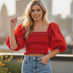 ZARA NWT  PUFF SLEEVE CROP TOP RED BLOGGERS FAV SMOCKED Photo 0