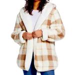 Weatherproof Beige Plaid Ivory Reversible Sherpa Hooded Cardigan S/M Photo 0