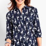 Talbots The Classic Casual Shirt Tossed Giraffes Blue Button Up Novelty Size M Photo 0