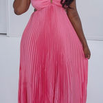 Amazon  pleated maxi dress halter satin coral bright neon open back strappy Photo 0