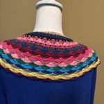 Double Zero  Blue Open-Front Cardigan Rainbow Crochet Trim Sweater Medium Photo 4