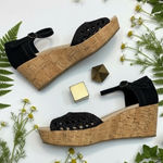Toms  NEW Black Suede Woven Wedge Sandals Womens  7.5W Cork Platform Ankle Strap Photo 0
