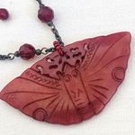 Unique Hand Carved Stone Butterfly Moth Pendant Necklace Red Photo 1