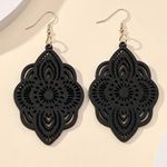 Long Dangle Black Wood Medallion Floral EARRINGS BOHO CHIC HIPPIE Photo 0