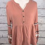 Polagram Bell Sleeve Blouse 100% Cotton w Embroidered/Tassel Trim Dusty Pink-L Photo 0