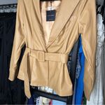 JLUXLABEL Camel Faux Leather One Button Front Belted Blazer Jacket Photo 3