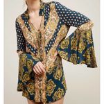 Free People  Blue Gold Magic Mystery Tunic Small Oversized Bell Sleeve Bohemian Photo 1