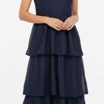 Lulus Navy Blue Tiered Ruffle V Neck Midi Dress Women's Size L Photo 0