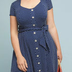 Maeve Anthropologie Marilyn Button Front Dress Navy Polka Dot Tie Waist 1X Plus Blue Photo 0