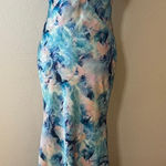 Liv Foster Womens US 4 Blue Pink Floral Abstract Ruffle V Neck Satin Maxi Dress Photo 0
