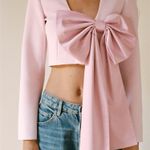 ZARA blazer cropped light pink satin bow top suit jacket Photo 11