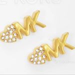 Michael Kors Womens MK Logo Stud Earrings Pave Crystals Heart Gold Tone Brass Photo 1