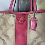 Coach  signature stripe framed carryall khaki satchel with pink leather trim Photo 3