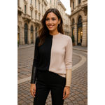 Veda 100% Cashmere Colorblock Sweater Black Beige Leather Cuff Quiet Luxury Boho Photo 1