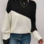 SheIn  Black Cream Colorblock Ribbed Knit Sweater Long Sleeve Mock Neck Size S Photo 0