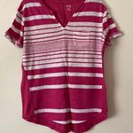 a.n.a  linen blend short sleeve pocket tee shirt top small split neck stripe pink Photo 0