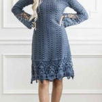 MikaRose Blue Long Sleeves Lace Detail Crew Neck Knee Length Dress L retro Photo 0