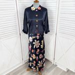 Vintage Platinum Satin Floral Maxi Skirt Crop Jacket Top Set Blue Multi Medium Photo 1