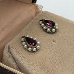 Vintage Pear Cut Amethyst Rhinestone Earrings w Seed Pearl Halo Original Box Purple Photo 3