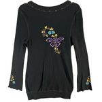 Soul Revival Y2K Waffle Knit Tee Large Black Floral Butterfly Embroidered Boho Photo 6