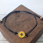 Sunflower Charm Adjustable Bracelet on Black Cord Yellow Photo 1