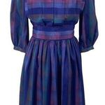Vintage 80s Iridescent Plaid Fit & Flare Midi Dress Belted Long Sleeve Womens XS Blue Photo 0