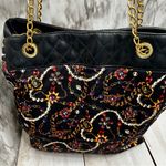 Monet  Black Gold Chain Pattern Tote Bag Vintage 80s Jewelry Print Large Cloth Photo 5