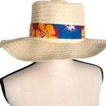 vintage Floral Print Beach Straw Brim Hat Blue Photo 1