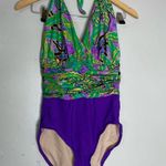 Vtg Slim Suit Women's Purple Green Floral Halter One Photo 0