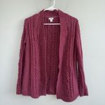LL Bean Women's Open Front Cardigan Sweater Size S Maroon Chunky Cable Knit Red Photo 7
