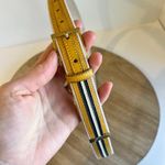 Vintage Italy Made Yellow Navy Stripe Belt With Gold Buckle Size Medium Photo 2