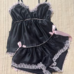 Y2K Black and Pink Satin Lace Lingerie Set Photo 0