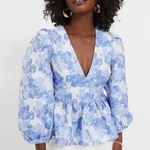 Tuckernuck  Eleanor Blouse XXS NWT Blue Jacquard Puff Sleeve Peplum Top Floral Photo 0