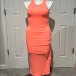 Aerie  Neon Orange Ruched Ribbed Midi Dress with side slit size‎ small Photo 2