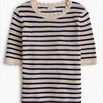 J.Crew  Striped Short-sleeve Pointelle Sweater Preppy Crochet Blue Ivory NWT XXL Photo 0