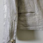 Chico's Blazer Women Medium Gold Foil Shimmer Moto Jacket Linen Pockets Chic Photo 1