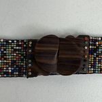 Vintage Beaded Wide Stretch Belt Carved Wood Buckle Boho Y2K Whimsy Hippie Photo 1