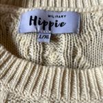 Military Hippie Cream Crew Neck Cable Knit Sweater Photo 6